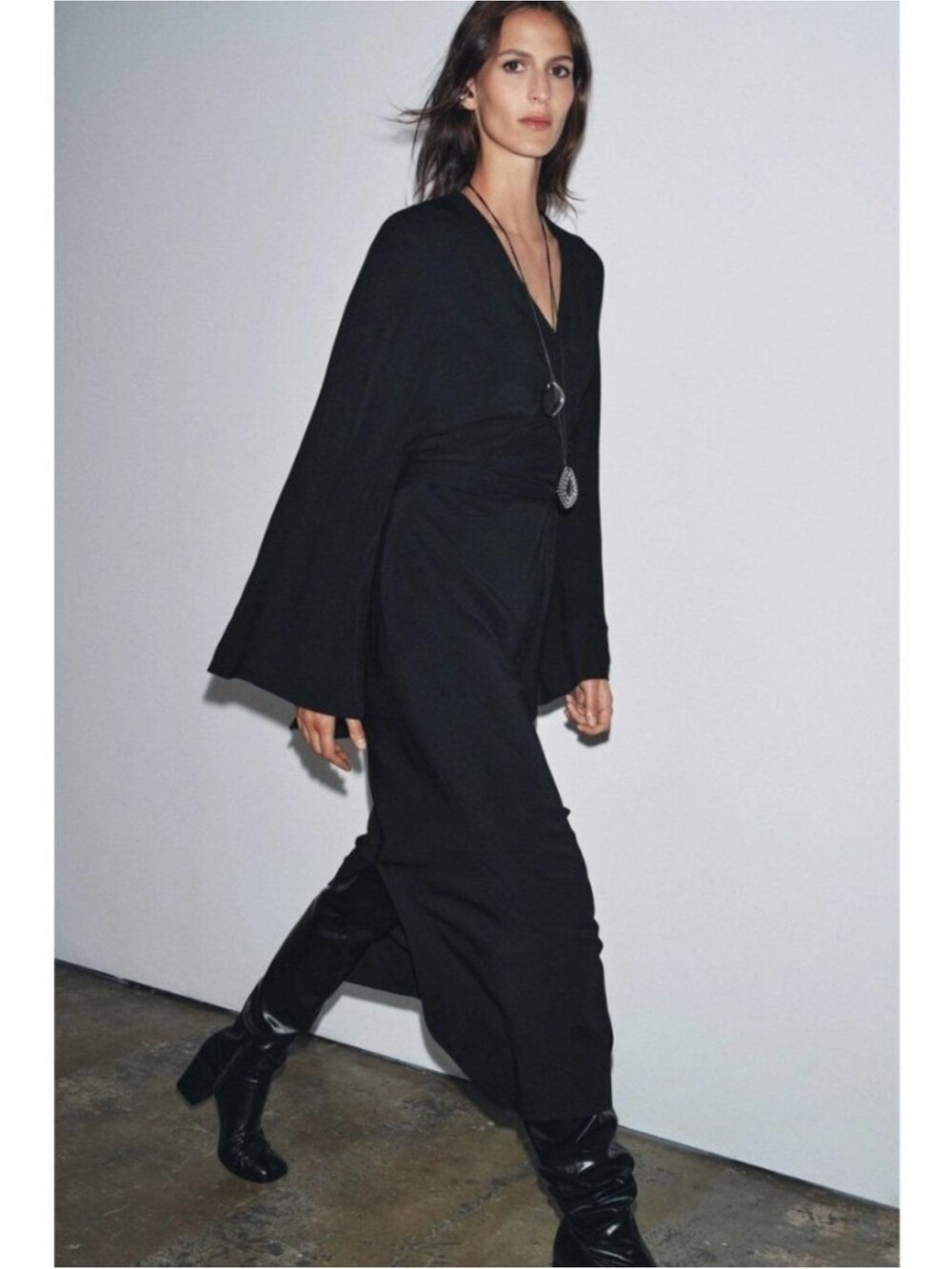 Zara Black Plunge V-Neck Long Sleeve Dress
